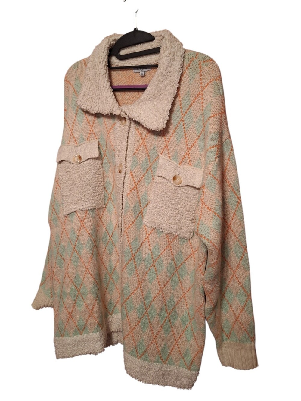 Polygram Oversized Cozy Pastel Argyle Fuzzy Cardigan Sweater Ladies Medium Boho